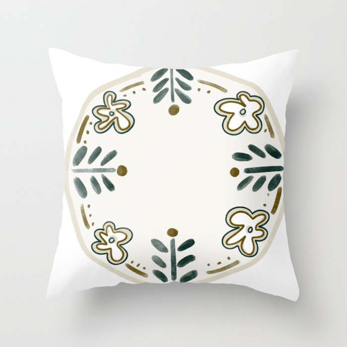 A circular pattern of hand-painted flowers Throw Pillow