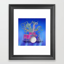 Octopus Playing Drums - Blue Framed Art Print