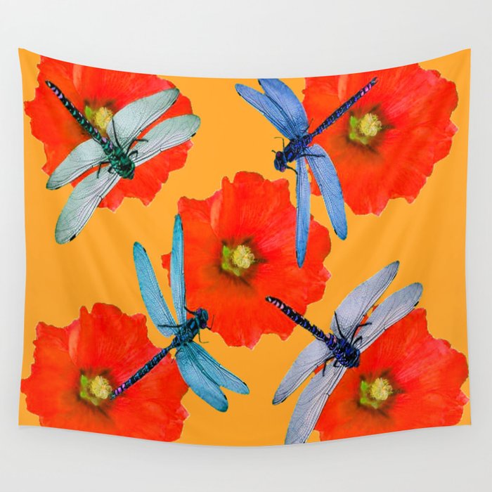 Cluster Of Blue Dragonflies Red Hollyhock Flowers Wall Tapestry
