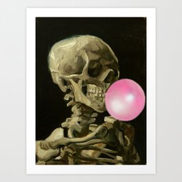 Van Gogh Bubble Gum Head of a skeleton with a burning cigarette portrait painting Art Print