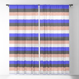 [ Thumbnail: Dark Salmon, White, Blue & Black Striped Pattern Sheer Curtain ]