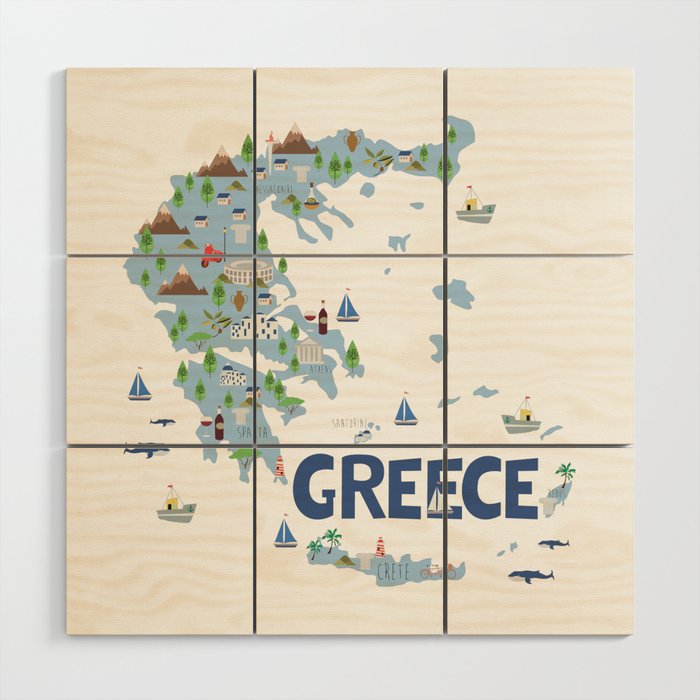 Illustrated Greece Map Wood Wall Art