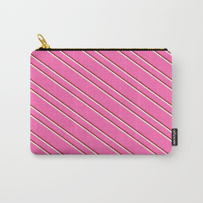 Hot Pink, Brown, and Mint Cream Colored Striped Pattern Carry-All Pouch