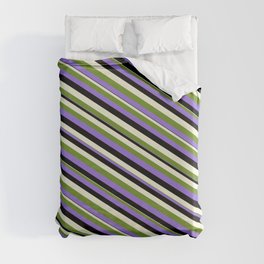 [ Thumbnail: Green, Purple, Black & Beige Colored Lined Pattern Duvet Cover ]