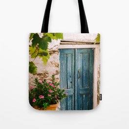 Greek Holiday Scene - Blue Door with Pink Flowers - Still Live Travel Photography, Colorful Fine Art Tote Bag