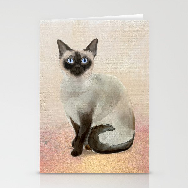 Siamese Cat Watercolor Painting Blush Pink Gold Stationery Cards