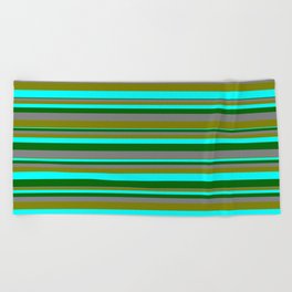 [ Thumbnail: Grey, Green, Aqua & Dark Green Colored Stripes/Lines Pattern Beach Towel ]