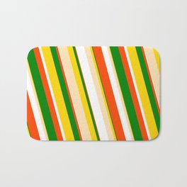 [ Thumbnail: Eye-catching Yellow, Beige, White, Red & Green Colored Pattern of Stripes Bath Mat ]