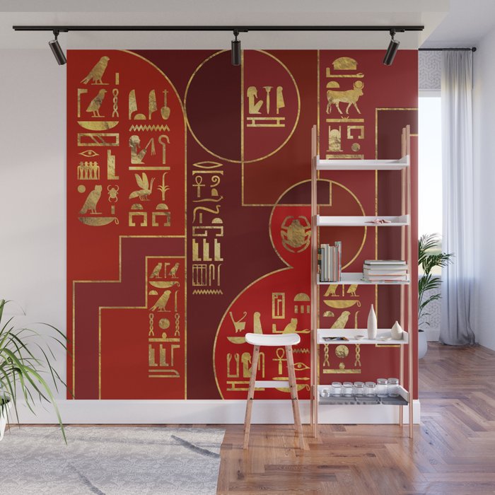 Egyptian Geometric Art Deco Red and Gold Wall Mural