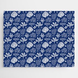 Blue And White Coral Silhouette Pattern Jigsaw Puzzle