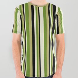 [ Thumbnail: Dark Khaki, Green, Beige, and Black Colored Lined Pattern All Over Graphic Tee ]