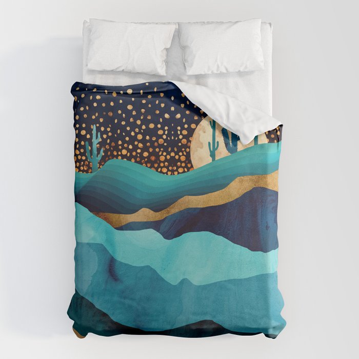Indigo Desert Night Bettbezug | Graphic-design, Digital, Aquarell, Indigo, Wüste, Landscape, Natur, Sterne, Gold, Blau