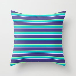 [ Thumbnail: Lavender, Dark Slate Blue, Green, Dark Turquoise & Dark Blue Colored Striped Pattern Throw Pillow ]
