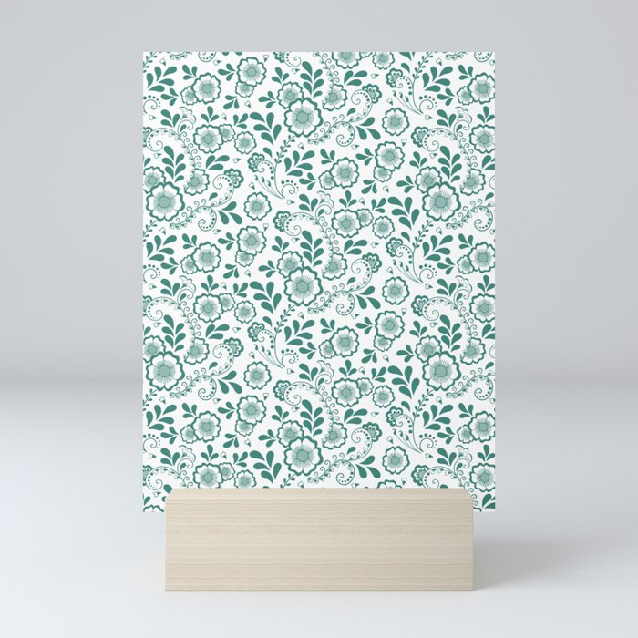 Green Blue Eastern Floral Pattern Mini Art Print