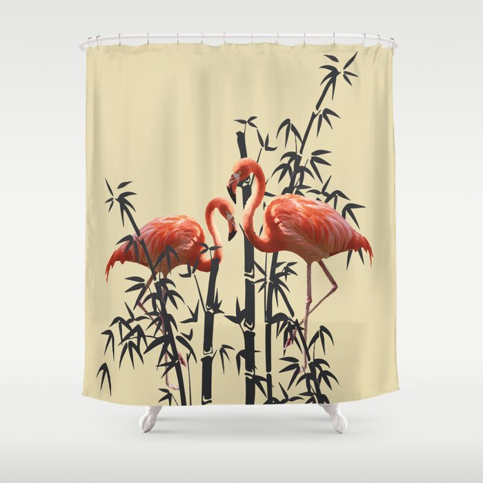 Flamingo Bamboo Leaves Light Yellow Shower Curtain By Move Art