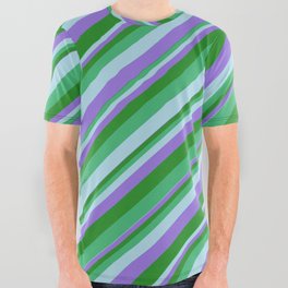 [ Thumbnail: Sea Green, Light Blue, Purple, and Forest Green Colored Lines/Stripes Pattern All Over Graphic Tee ]