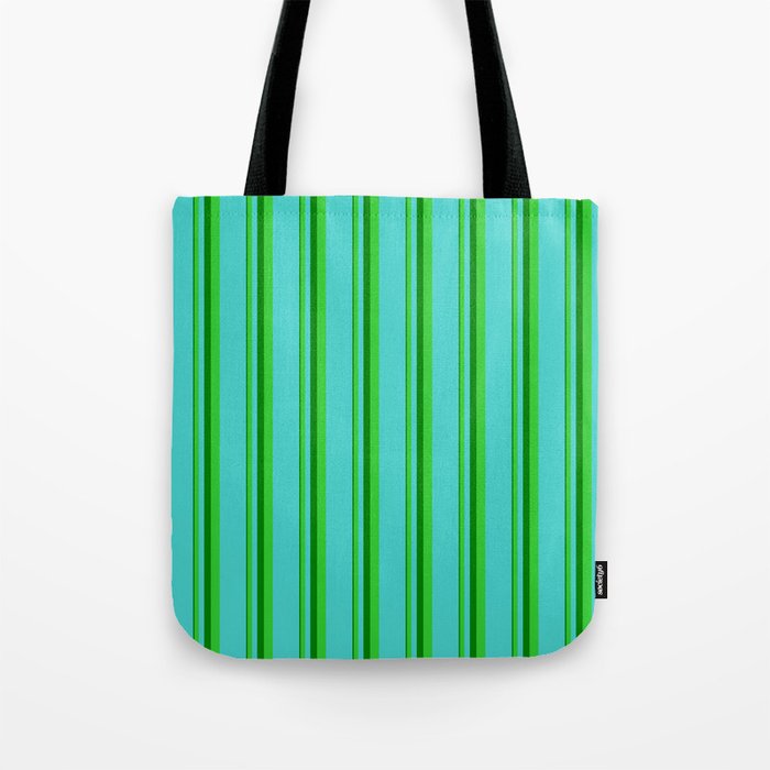 Green, Lime Green, and Turquoise Colored Lines Pattern Tote Bag