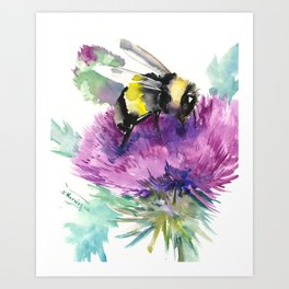 Bumblebee and Thistle Flower, honey bee floral Art Print