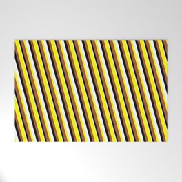 [ Thumbnail: Yellow, Sienna, Black, and White Colored Lined/Striped Pattern Welcome Mat ]