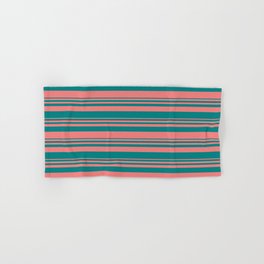 [ Thumbnail: Light Coral and Teal Colored Lined Pattern Hand & Bath Towel ]