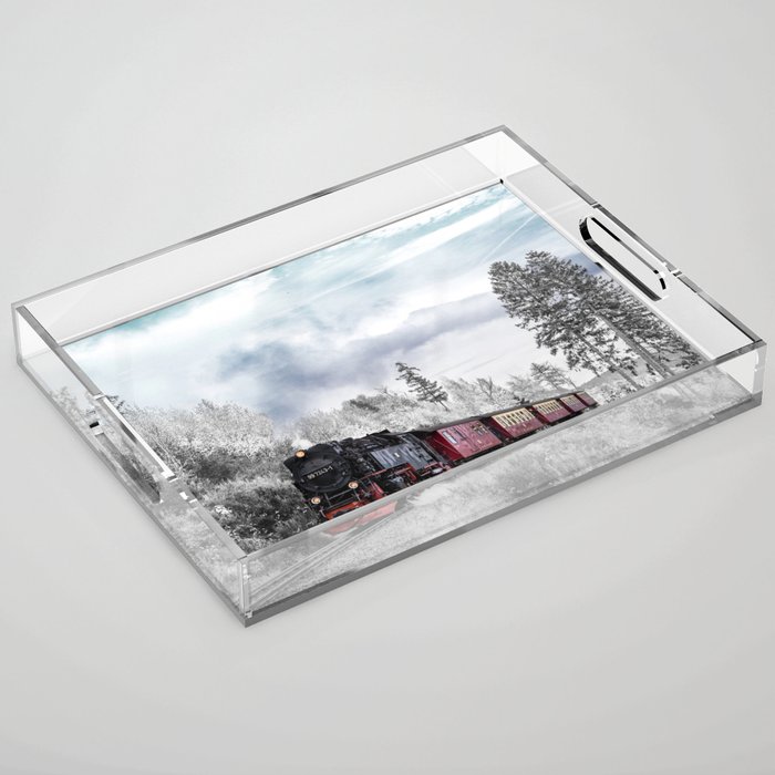 Vintage train,snow,winter art Acrylic Tray