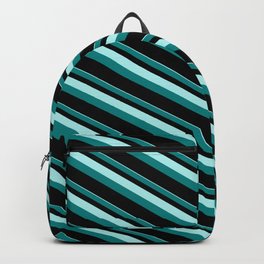 [ Thumbnail: Turquoise, Teal & Black Colored Pattern of Stripes Backpack ]