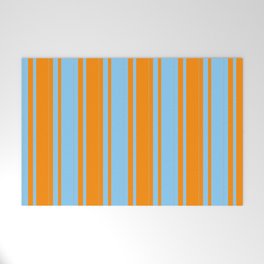 [ Thumbnail: Dark Orange and Light Sky Blue Colored Striped/Lined Pattern Welcome Mat ]