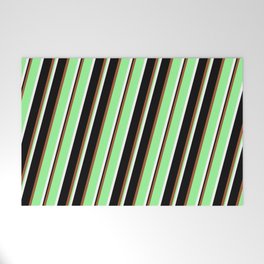 [ Thumbnail: Sienna, Green, White & Black Colored Lined Pattern Welcome Mat ]