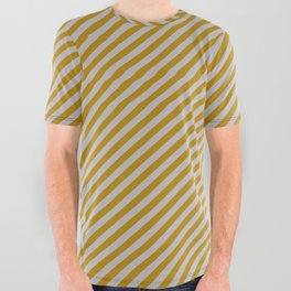 [ Thumbnail: Grey & Dark Goldenrod Colored Lined Pattern All Over Graphic Tee ]