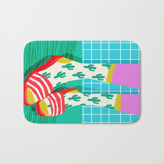 Sliders - memphis throwback retro neon 1980s 80s style pop art shoe fashion grid pattern socks Bath Mat