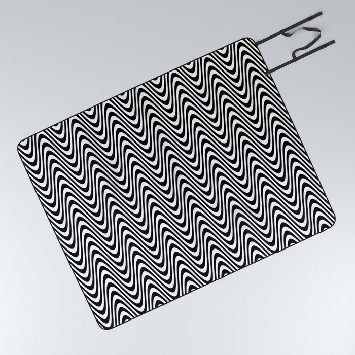 Black & White Whimsical Wave Wavy Lines Pattern Picnic Blanket