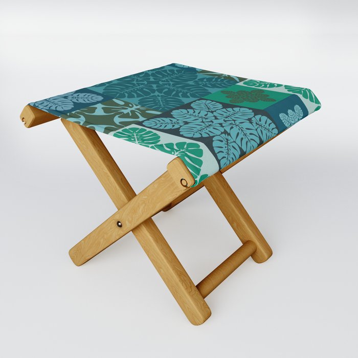 Hawaiian Monstera Quilt pattern Blues Folding Stool