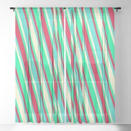 [ Thumbnail: Crimson, Turquoise, Light Yellow & Green Colored Stripes/Lines Pattern Sheer Curtain ]