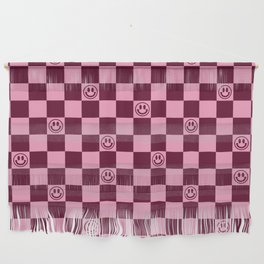 Smiley Faces On Checkerboard (Pink & Wine Burgundy)  Wall Hanging