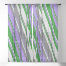 [ Thumbnail: Dim Gray, Purple, Green & Light Grey Colored Lined Pattern Sheer Curtain ]