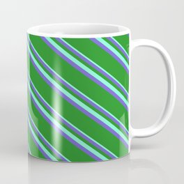 [ Thumbnail: Aquamarine, Slate Blue & Forest Green Colored Lines Pattern Coffee Mug ]