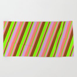 [ Thumbnail: Brown, Chartreuse, Plum & Salmon Colored Stripes Pattern Beach Towel ]