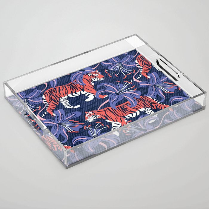 Tigers in a tiger lily garden // textured navy blue background coral wild animals very peri flowers Acrylic Tray