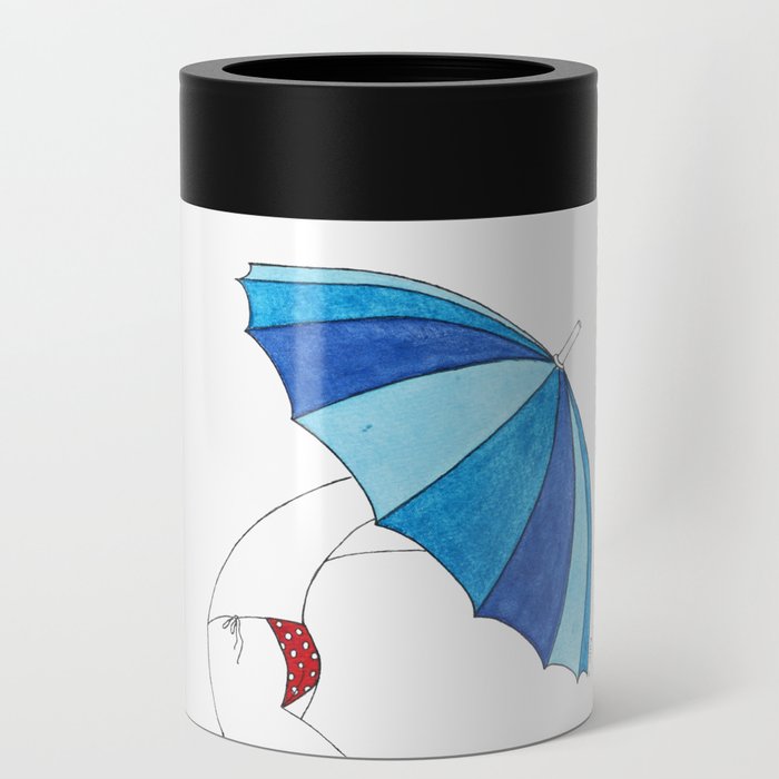 Beach Umbrella Girl n3 · light sky cobalt royal blue, red with white dots bikini, summer vibes Can Cooler