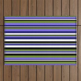 [ Thumbnail: Eye-catching Black, Green, Medium Slate Blue, Midnight Blue, and White Colored Stripes/Lines Pattern Outdoor Rug ]