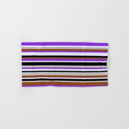 [ Thumbnail: Grey, Brown, Purple, Lavender & Black Colored Pattern of Stripes Hand & Bath Towel ]
