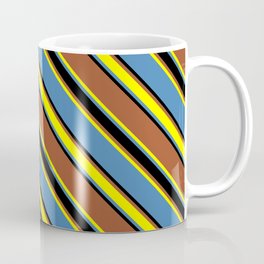 [ Thumbnail: Sienna, Yellow, Blue, and Black Colored Lines/Stripes Pattern Coffee Mug ]