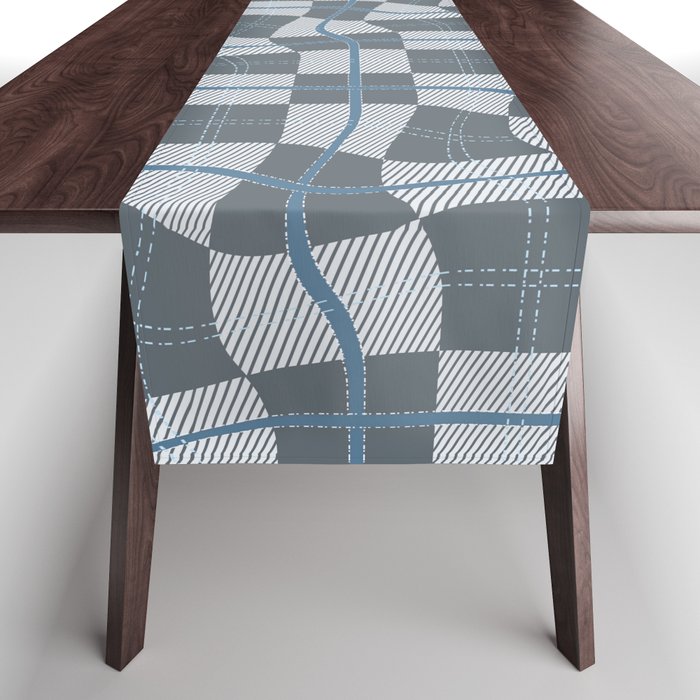 Warped Checkerboard Grid Illustration Gray Blue Table Runner