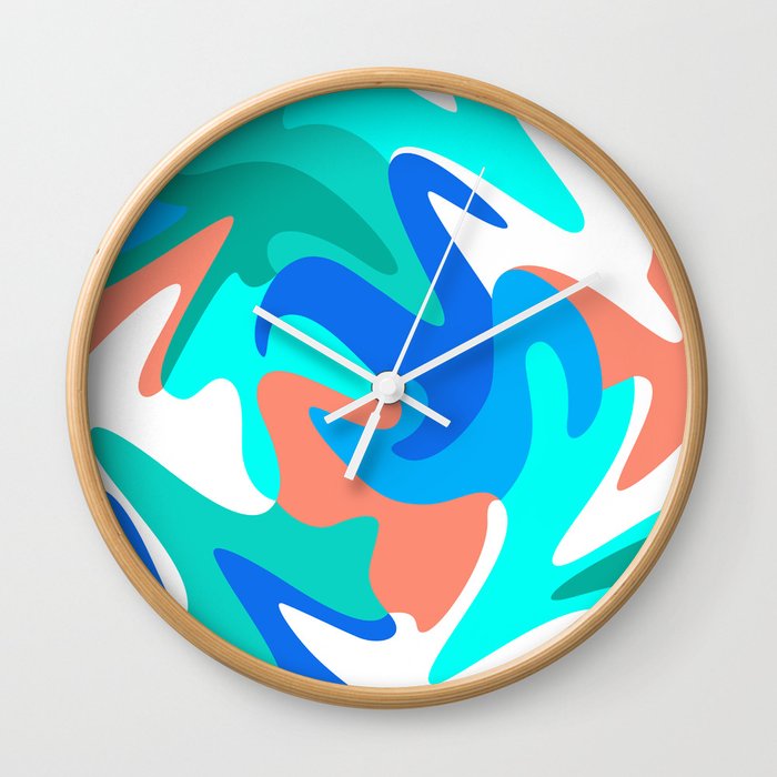 MCM Abstract Waves // Coral, Turquoise, Teal, Cobalt Blue, Denim, White Wall Clock