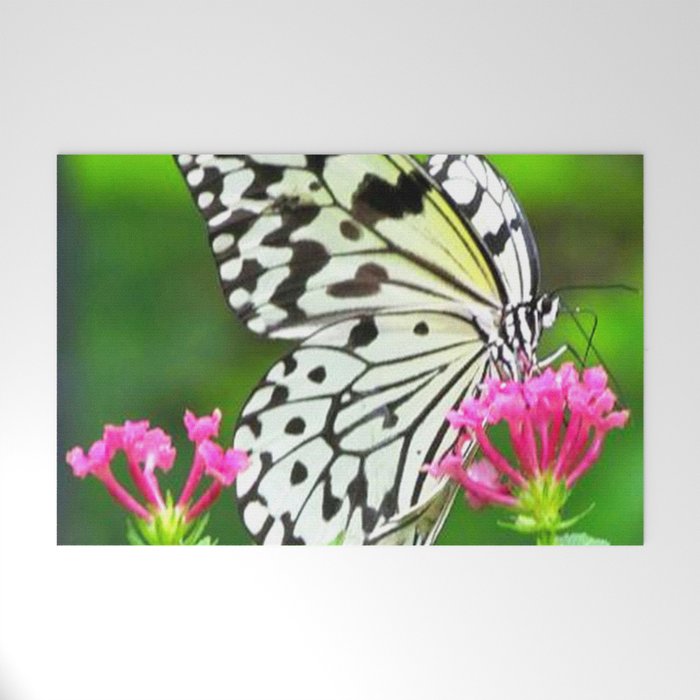 Butterfly and Pink Flowers Welcome Mat