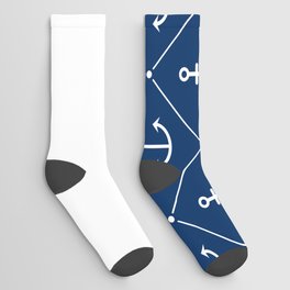 White Anchors on Navy Blue and White Vertical Split Socks