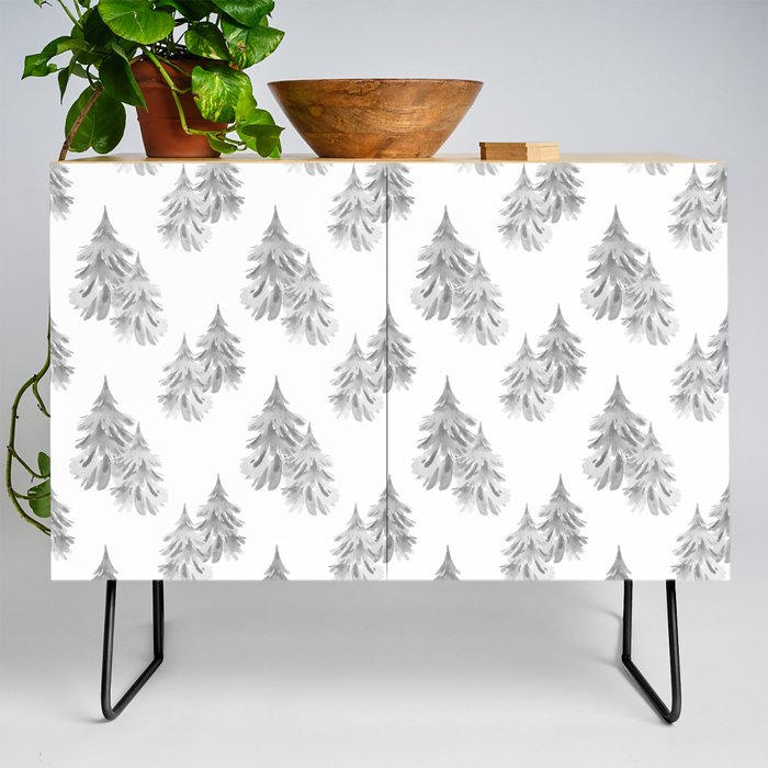 Gray Watercolor Forest Pine Trees Credenza