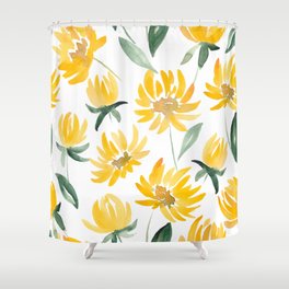 Yellow watercolor flowers and leaf seamless summer pattern Shower Curtain