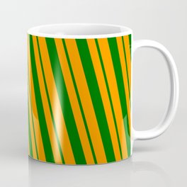 [ Thumbnail: Dark Orange & Dark Green Colored Striped/Lined Pattern Coffee Mug ]