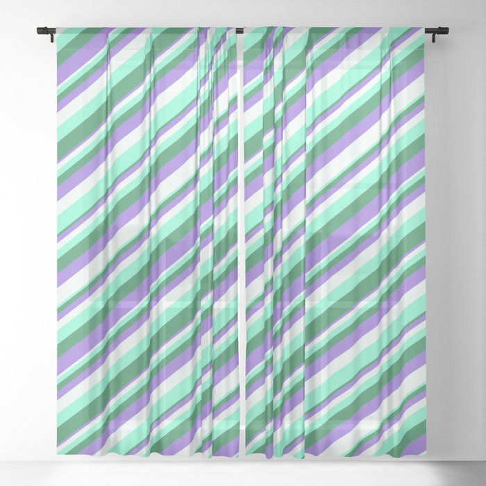 Purple, Mint Cream, Aquamarine & Sea Green Colored Striped Pattern Sheer Curtain